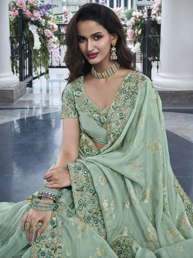 Appealing Sea Green Thread Work Organza Silk Function Wear Saree